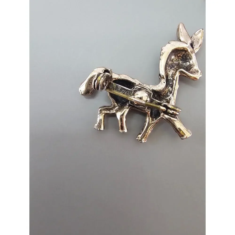 Vintage Donkey Figural Brooch Pin Matched Pair Red Rhinestone Eye MCM Set